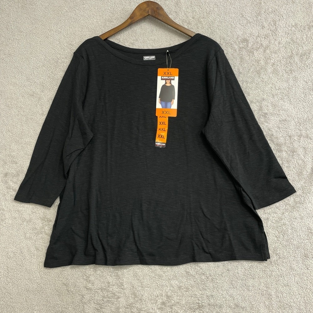 NEW Kirkland Signature Women's Size XXL Black 3/4 Sleeve Boatneck Slub Tee - Picture 3 of 10